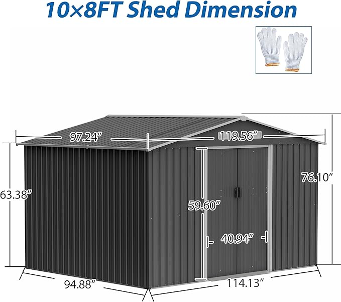 Favfurish 10×8 FT Metal Outdoor Storage Shed, Large Garden Sheds with Metal Foundation & Lockable Doors, All Weather Anti-Corrosion Galvanized Steel Tool House for Backyard Garden Lawn,Grey