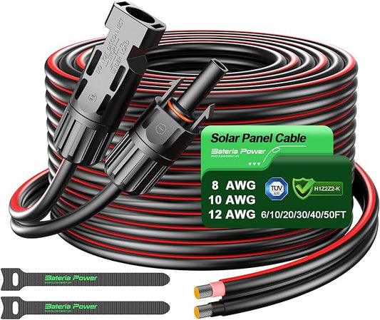 Bateria Power 50 Feet 10AWG Solar Panel Extension Cable 6mm² with Female & Male Connectors, 10 Gauge Twin Wire Conductor Parallel Solar Wire Adapter for RV, Photovoltaic Systems