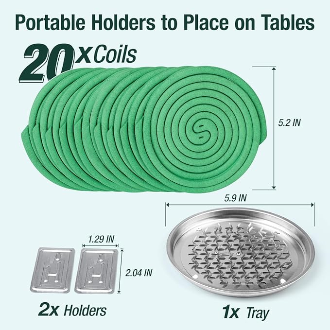 20 Pack Natural Mosquito Repellent Coils, Plant-Based Cintronella Long-Lasting Protection, DEET-Free Mosquito Repellent, Safe for Patio, Camping, Backyard, and Poolside Use, 1 Holder 2 Stands