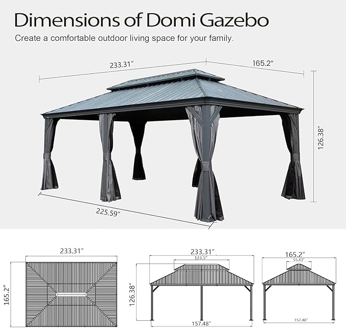 Domi 14x20FT Outdoor Gazebo, Hardtop Gazebo with Galvanized Steel Double Roof, Metal Gazebos with Drainage System Patio Pergola for Patio Deck Backyard,Curtain and Netting,Gray