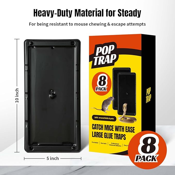 POPTRAP Rat Trap Heavy Duty & Large, Super Sticky Mouse Trap with Ultra-Strong Glue, Scent of Peanut Butter for Indoor & Outdoor, Non-Toxic (BigSize-8Pack)