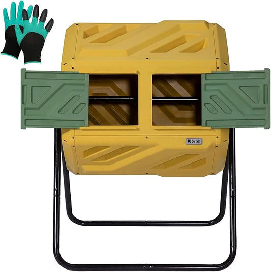 Werph Updated 43 Gallon Dual-Chamber Compost Bin, Fast Assembly Outdoor Compost Tumbler, Rotating Batch Composter Bin with Gloves for Garden, Kitchen, and Yard