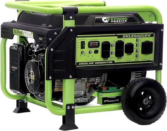Green-Power America 12000 Watt Gasoline Powered Portable Generator, Recoil/Electric Start, 12V-8.3A Charging Outlets, Home Back Up & RV Ready, 49 State Approved