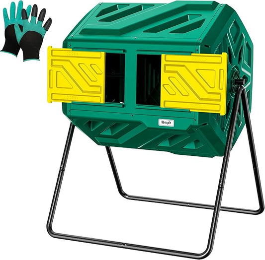 Werph 43 Gallon Compost Bin with Gloves, Fast Assembly & Easy Setup Outdoor Compost Tumbler, Updated Dual Chamber Tumbling Composter for Garden, Kitchen, and Yard Waste, Green