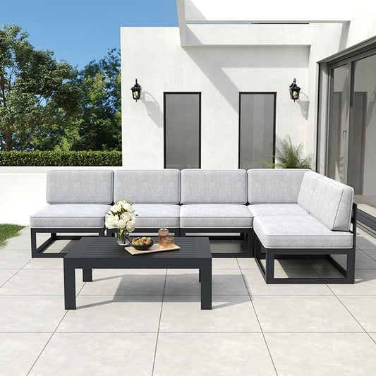 6 Pieces Aluminum Patio Furniture Set with Coffee Table, Metal Outdoor Conversation Sofa Set with Seating Cushions