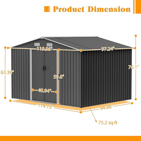 Storage Shed 10x8 FT Outdoor Metal Garden Shed with Lockable Sliding Door and Air Vents Galvanized Steel Shed with Air Vents Waterproof Roof Ideal for Backyard Patio Lawn Dark Gray