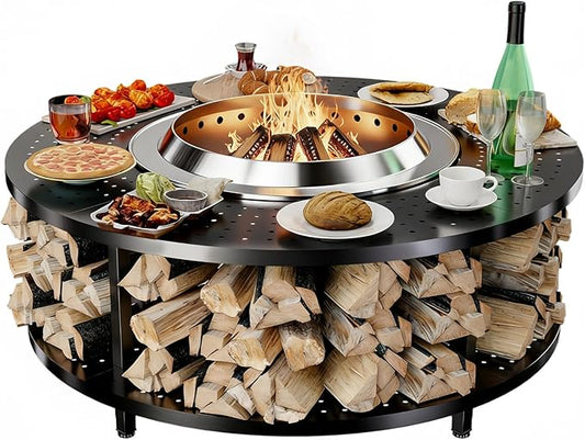 Fire Pit Surround Tabletop for Solo Stove Yukon 1.0 & 2.0, 48" Fire Pit Surround Tabletop with Wood Storage Shelf,Powder-Coated Steel Surround Tabletop with Extra Space