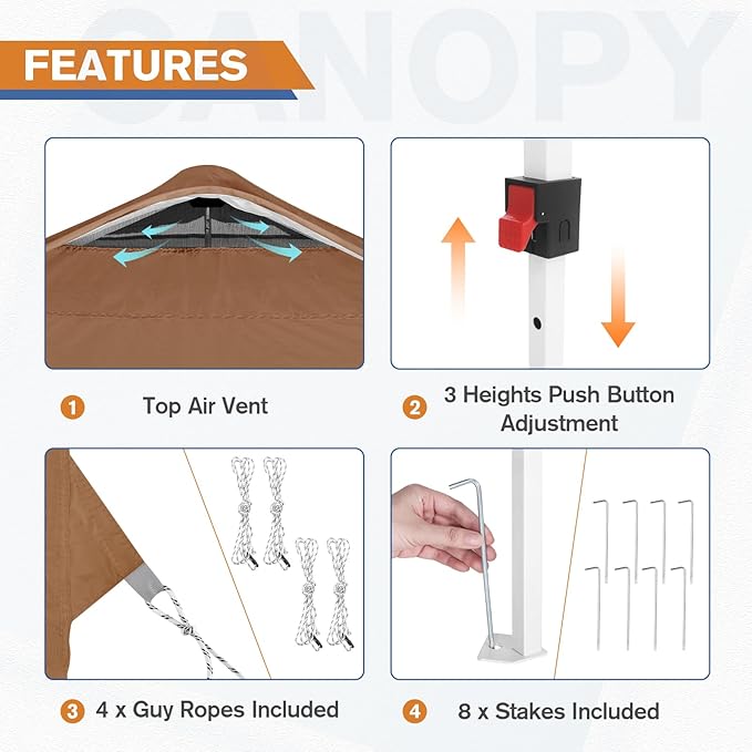 EAGLE PEAK Pop Up Canopy Tent with 1 Sidewall, Easy Setup Event Tent, Outdoor Sun Shade, Wheeled Carry Bag, Stakes and Guy Ropes, Instant Canopy 10x10, Khaki
