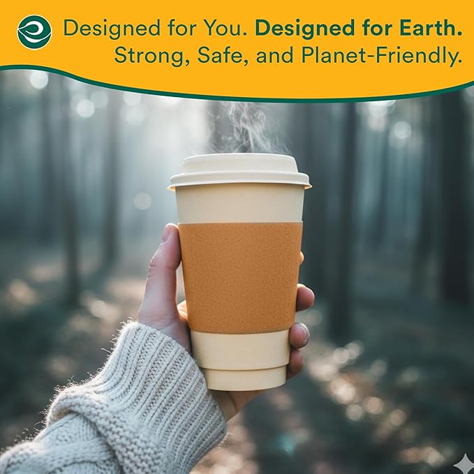 ECO SOUL 100% Compostable Coffee Cups With Lids & Sleeves - To Go Coffee Disposable Bagasse Cups |Sturdy & Eco-Friendly Cups for Cafes, Party, Office (100, 16 Oz)