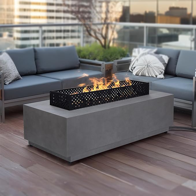 3-in-1 Propane Fire Pit Table, 42 Inch Rectangular Outdoor Fire Pit, 50,000BTU Firepit Table for Outside Patio with Griddle, Wind Guard, Lid, CSA Certified, Grey