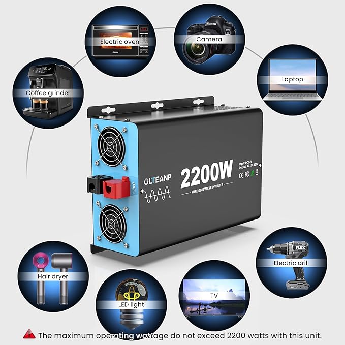 New Upgraded 2200 Watts Pure Sine Wave Inverter, 12V DC to 110V AC Power Inverter with 4 AC Outlets, USB Port, Type-C Port for Truck, Vehicle, Power Outage, Remote Control with LCD Screen