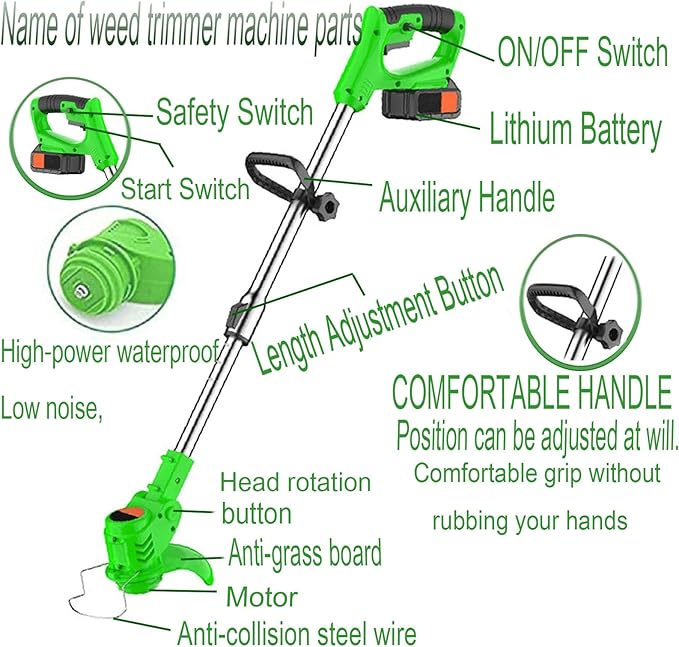 Electric Weed Wacker 21V String Trimmer,Cordless Trimmers with 4 Types Blades, 2 Li-ion Batteries, 1 Charger,Grass Cutter Used for Dense Weeds and Garden Yard Trimming (Green)