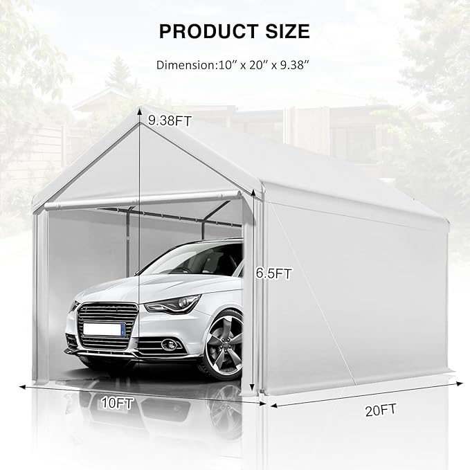 Carport Canopy 10x20 Heavy Duty, Portable Carport Garage with Removable Sidewalls and Door, Car Port with Waterproof Canopy for All Season (White)