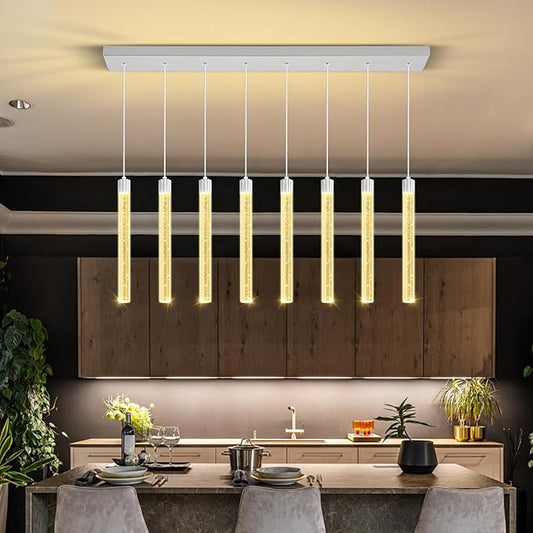 8-Lights Silver Modern Crystal Chandeliers for Dining Room Dimmable LED Adjustable Height Hanging Pendant Light for Kitchen Island,Bedroom,Over Table,Living Room