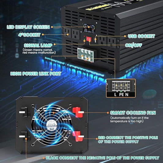 4000W Pure Sine Wave Power Inverter 12V DC to 120V AC 60HZ with LCD Display, USB Port, Wireless Remote Control（10M）, Solar, Outdoor