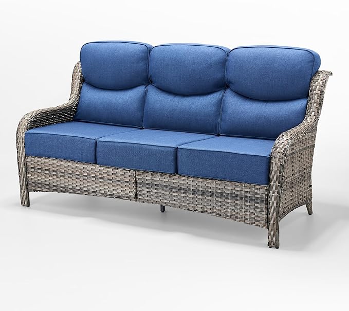 Luxury Patio Sofa 3-Seat Wicker Couch with 6" Thick Cushion - Outdoor Furniture Rattan Sofa with Deep Seating High Back Outdoor Sofa for Patio Garden Balcony Sunroom Backyard, Grey | Blue