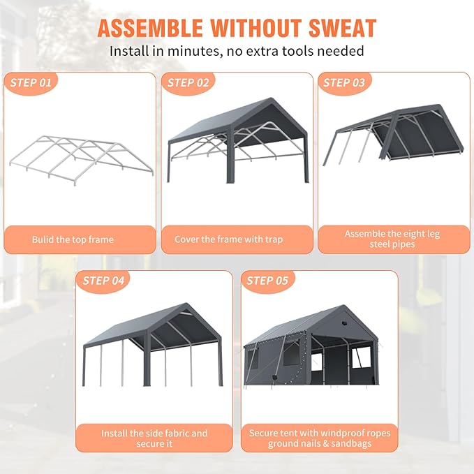 Car Ports 12x20 Heavy Duty,Carports with Sidewalls,Carport Canopy All Weather,Grey