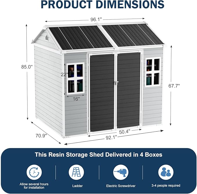 CDCASA 8x6 FT Resin Storage Shed, Waterproof Large Outdoor Sheds with Floor & Lockable Door, 2 Windows,Outside Plastic Tool Shed for Backyard, Patio, Poolside