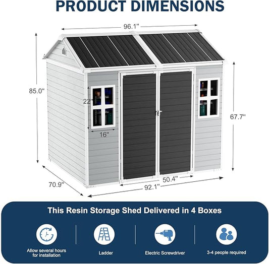 CDCASA 8x6 FT Resin Storage Shed, Waterproof Large Outdoor Sheds with Floor & Lockable Door, 2 Windows,Outside Plastic Tool Shed for Backyard, Patio, Poolside