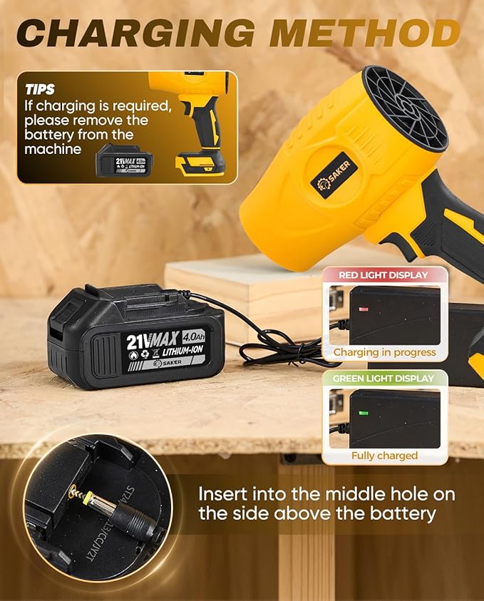 Saker Handheld Cordless Leaf Blower Portable Dust Cleaner 180000 RPM Compressed Air Duster with Adjustable Speed for Drying Patio Cleaning Camping 2 x 4.0Ah Battery Yellow