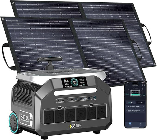 IEE 2400W (with pull rod) Portable Power Station P2400 with 2×100W Solar Panel, 2048Wh Solar Generator, 1800W AC Charging, AC Outlets x 4, LiFePO4 Battery Power Station for Home Use, Power Outage, RV