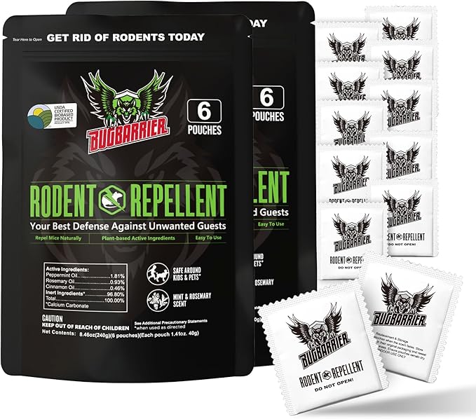 Extra-Strength Mouse Repellent Deterrent Pouches, USDA 99% Biobased, Peppermint & Rosemary Oils Repel Mice Nesting in Car, RV, Boat, Garage, Shed, Cabin Made in The USA (12 Pack)