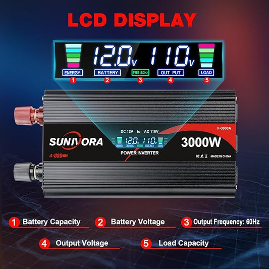 3000 Watt Inverter with LCD & Remote Control 12V DC to 110V/120V AC 60HZ Power Converter 6000W(Peak) with 4 Sockets & 4 USB Ports Power Inverters for Vehicles RV Truck Camping