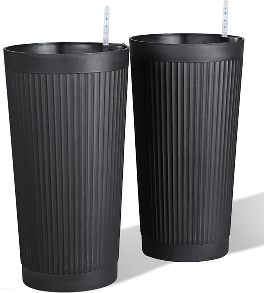 Self Watering Tall Planters for Outdoor Plants, 24” Set of 2 Large Flower Pots with Drainage Hole, Modern Plastic Black Planter for Indoor, Patio, Balcony (Ribbed)