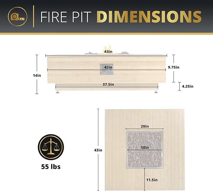 Kinger Home Harmony 43-Inch Large Square Outdoor Propane Gas Fire Pit Table, 50,000 BTUs, CSA Certified Includes Side Table, Lava Rock and Weatherproof Cover