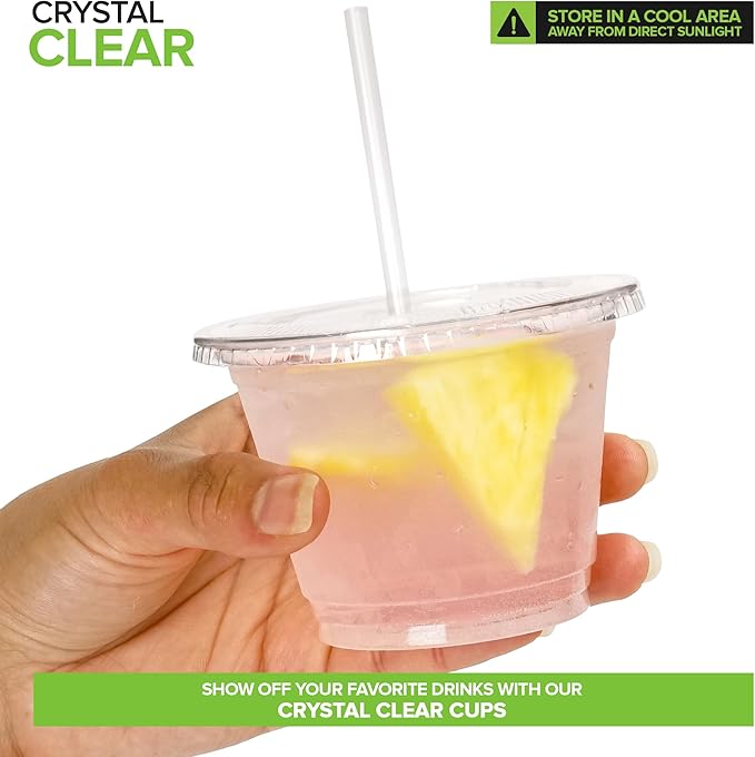 Stock Your Home 9 oz Clear Commercially Compostable Cups with Lids and Straws Set of 400, Eco Friendly Disposable Cups