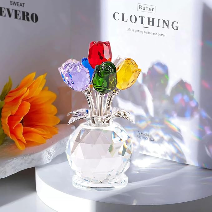 Crystal Colorful Roses Collectible Figurine,Valentines Gifts for Women Mom Girlfriend Wife Bouquet Figurines Artificial Glass Crysta Flowers, Mother's Day Birthday