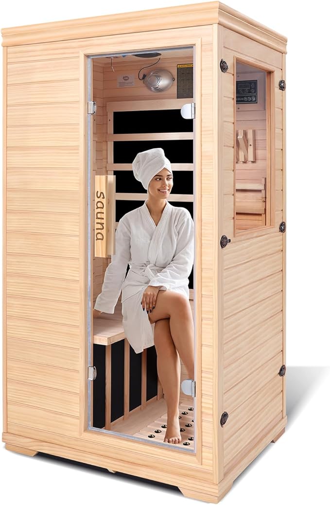 Far Infrared Sauna for 1 Person, Indoor Low EMF Infrared Wooden Dry Sauna for Home with 5 Low EMF Heating Panels, Side-Opening Door, Digital Control, Bluetooth Speakers, Home Spa Therapy