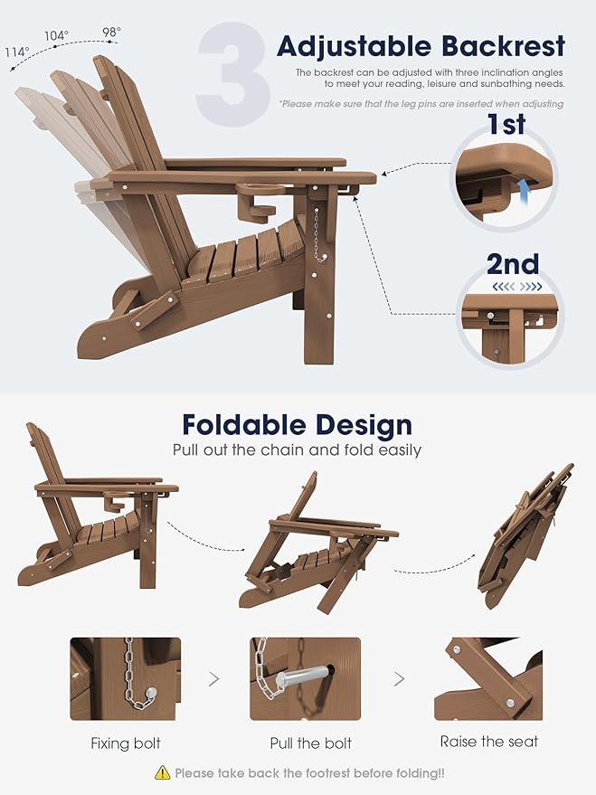KINGYES Folding Adjustable Adirondack Chair with Ottoman & 2 Cup Holders, HDEP Reclining Adirondack Chair with Footrest, Brown