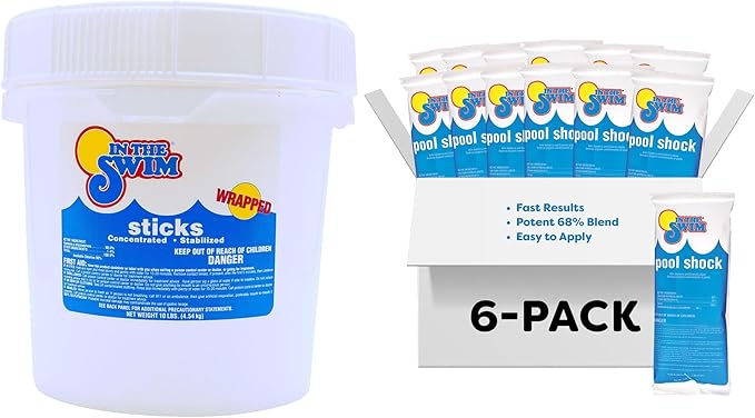 In The Swim Chlorine and Shock Bundle for Sanitizing Swimming Pools – Includes 10 Pound Bucket of 4-Inch Chlorine Sticks and 6 x 1 Pound Bags of 68% Cal-Hypo Pool Shock