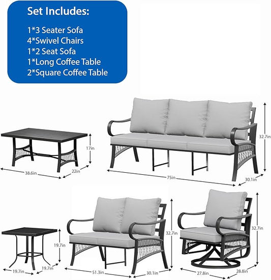 9 Piece Patio Furniture Set, 4 Single Swivel Chairs, Rope Braided Exposed with Thick Cushions, Outdoor All Weather Patio Conversation Sectional Sofa Set for Garden, Porch, Lawn, Grey