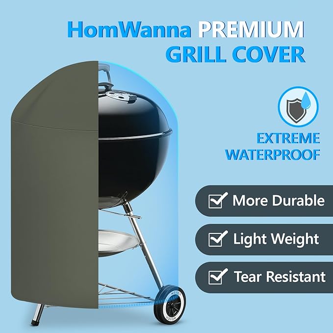 HomWanna 22 Inch Kettle Grill Cover - Superior Charcoal Cover for Weber Original and Master Touch - 600D Outdoor BBQ Cover for 22 Inch Weber Grills and More