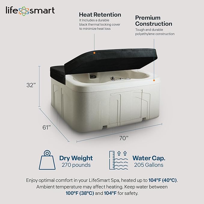 LifeSmart 4-Person Hot Tub, Outdoor Spa with Cover and LED Lights, Square, Beige - Above-Ground Spa Machine with Accessories for Home and Personal Relaxation