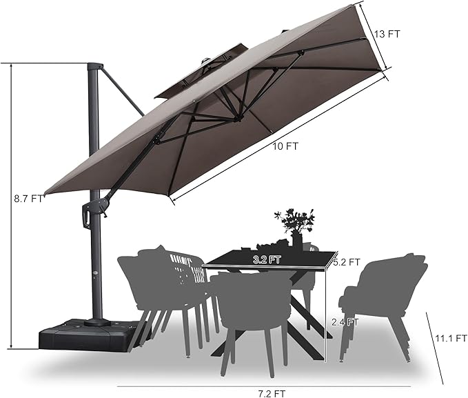 PURPLE LEAF 10' X 13' Double Top Cantilever Patio Umbrella Deluxe Large Outdoor Umbrella Rectangle Offset Umbrella with Fade Resistance for Garden Deck Pool Patio, Ash Mocha