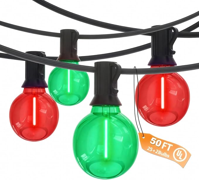 Pallerina 50Ft Clear Red and Green Outdoor LED Lights,G40 Globe Patio Christmas String Lights with 25 Colorful Bulbs(2 Spare),Outside Christmas Hanging Lights for Christmas Tree Roofline Holiday Party