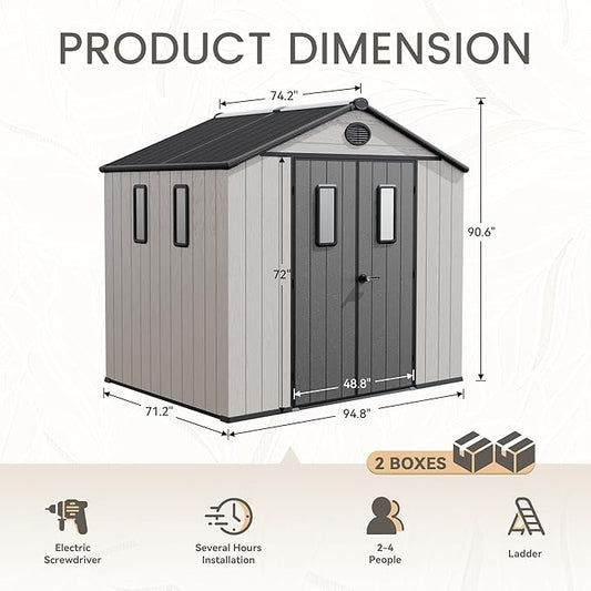 8 x 6 FT Plastic Outdoor Storage Shed with Floor,Garden Resin Shed with Window and Lockable Door, Outside Sheds for Bike, Garbage Can, Tool