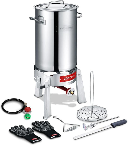 CONCORD Heavy Duty Stainless Steel Deluxe Turkey Fryer Kit with Titan Burner, Rack, Slicer, Hook, Thermometer, Crawfish Boil, and more (Turkey Fryer Kit + Titan Burner)
