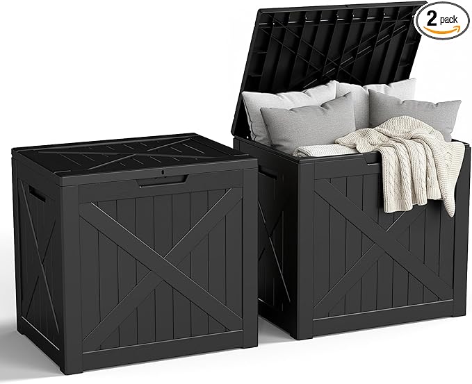 31 Gallon Outdoor Storage Box, Large Resin Deck Box for Patio Cushions, Garden Tools, Pool Accessories, Waterproof and Lockable Design, Storage Bench for Backyard & Deck(Black)