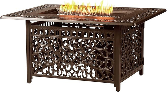 Rectangular 48 in. x 36 in. Aluminum Propane Fire Pit Table, Glass Beads, Two Covers, Lid, 57,000 BTUs in Brown Finish