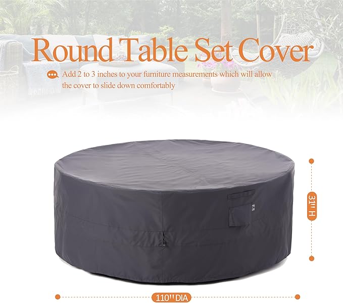 WJ-X3 Large Ripstop Patio Furniture Cover, 110" D x 31" H, Waterproof, UV Resistant, Anti-Fading Outdoor Cover for Round Dining Table and Chairs Set, Grey