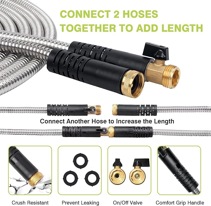 Metal Garden Hose 100FT - Heavy Duty Stainless Steel Metal Water Hose With 10 Function Nozzle, Lightweight, No Kink, Durable and Leak Proof Flexible Garden Hose for Yard, Outdoor