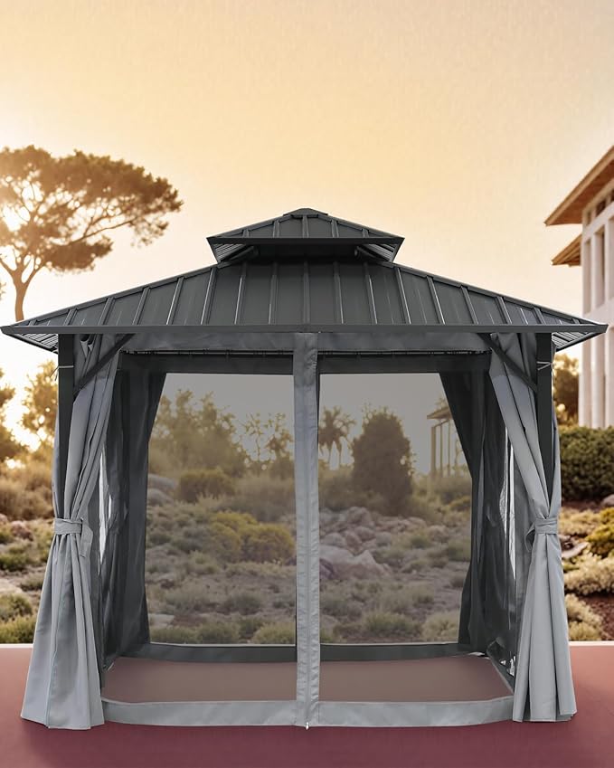 SEEHILL 12' x 12' Hardtop Gazebo, Aluminum Frame Patio Hardtop Gazebos with Netting and Curtain, Outdoor Patio Pergola, Outdoor Patio Gazebo with Double Metal Roofs for Lawns, Garden, Deck, Slate Gray