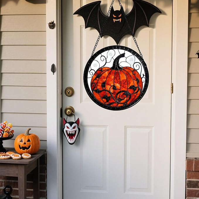 CRISGIF Stained Glass Window Hanging - Halloween Red White Scary Pumpkin Suncatcher for Doors Garden Home Spooky Rattan Sun Catchers Gothic Decor Horror Gifts for Women Men Friend Boy Girl 6.3 in