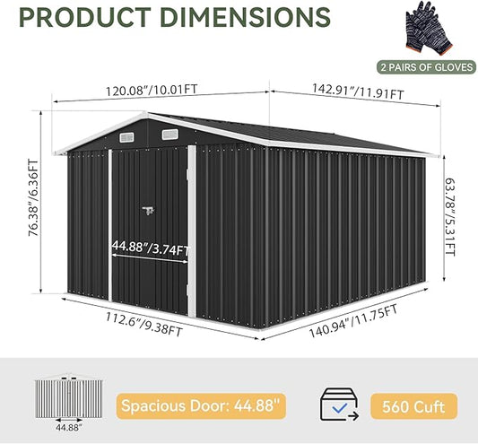 Aoxun 10 x 12FT Outdoor Storage Shed with Double Hinged Large Door Utility Garden Shed with Lockable Door & Sloped Roof Metal Sheds Outdoor Storage for Garden, Backyard, Patio and Backyard, Black