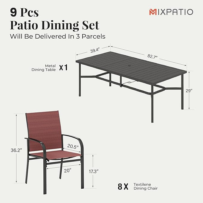 9 Pieces Patio Table and Chairs Set, Patio Dining Set for 8, 8 Red Textilene Chairs and 1 83” Rectangular Patio Dining Table with Umbrella Hole, for Deck Backyard Lawn Poolside