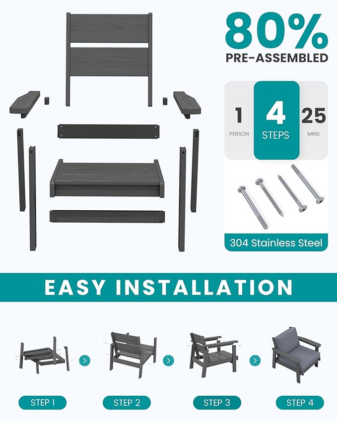 SERWALL HDPE Outdoor Couch Set of 2, Grey Frame and Grey Cushion